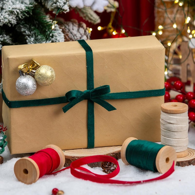 Garbendy Velvet Ribbon Set 3/8" Wide 3 Rolls * 5Yd Wooden Spool Fabric Trim for Christmas Decoration Handmade Craft Ornaments Gift Wrapping Decoration Party Wedding Arts Crafts（Red Green & Beige） - Image 4